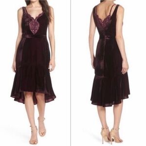 Anthropologie Harlyn Lace Inset Deep purple Velvet Midi Dress, size small